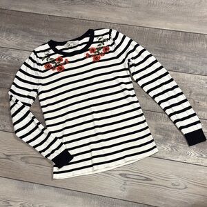 Loft Black Cream Stripe Floral Embroidered Sweater EUC XS